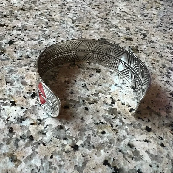 Geometric Silver and Red Cuff Bracelet ( Size 7 1/2) - Picture 3 of 4